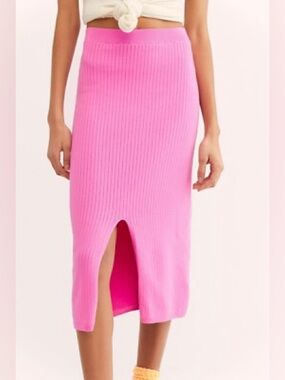 Free People Skyline Ribbed Midi Skirt with Slit in Pink Fireworks
